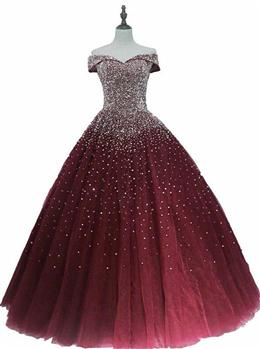 Picture of Gorgeous Sparkle Burgundy Off Shoulder Sweet 16 Gown, Burgundy Prom Dresses